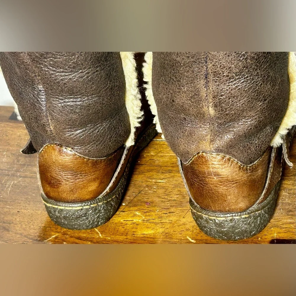 Vintage Born Western Leather Shearling Knee High Boots in Brown & Cream, Size 7